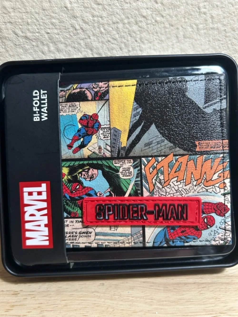 Marvel Spider-Man Comic Patch Bifold Wallet in Red, Yellow, Blue, Black